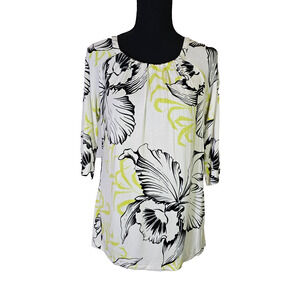 Dana Buchman Women's Top Size M Round Neck 3/4 Sleeve Floral Multicolor Summer